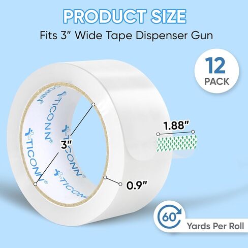 شريط التعبئة TICONN، شريط تغليف شفاف شديد التحمل 720 ياردة، شريط شحن 2.7 مل، أشرطة 1.88 بوصة × 60 ياردة للشحن والبريد والنقل (12 حزمة) in Kuwait