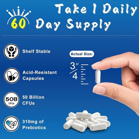 البروبيوتيك 50 مليار وحدة تشكيل مستعمرة، 18 سلالة + البريبايوتكس - يدعم صحة الجهاز الهضمي والمناعة والأمعاء، ويخفف من الإسهال العرضي والغازات والانتفاخ - مكمل البروبيوتيك اليومي للنساء والرجال - 60 قيراط in Kuwait
