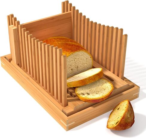 قطاعة خبز الخيزران، دليل قطع مدمج قابل للطي مع صينية فتات الخبز، دليل تقطيع الخبز قابل للتعديل بـ 3 أحجام سمك، لوح تقطيع الخبز، رائع للخبز المنزلي والكعك والخبز in Kuwait