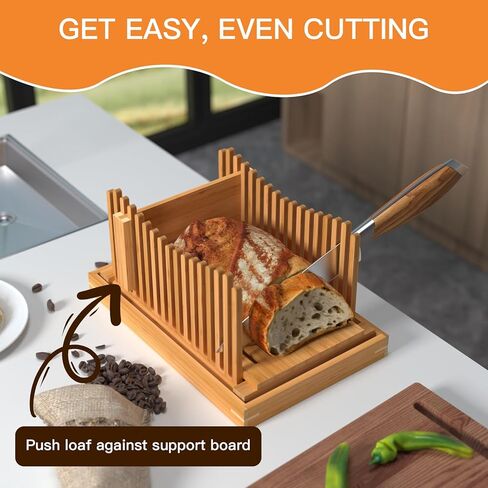 قطاعة خبز الخيزران، دليل قطع مدمج قابل للطي مع صينية فتات الخبز، دليل تقطيع الخبز قابل للتعديل بـ 3 أحجام سمك، لوح تقطيع الخبز، رائع للخبز المنزلي والكعك والخبز in Kuwait