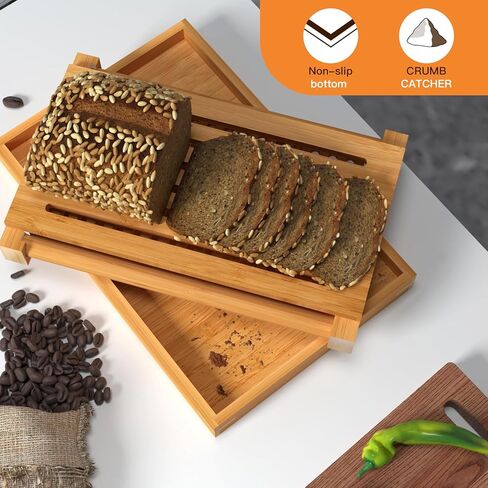 قطاعة خبز الخيزران، دليل قطع مدمج قابل للطي مع صينية فتات الخبز، دليل تقطيع الخبز قابل للتعديل بـ 3 أحجام سمك، لوح تقطيع الخبز، رائع للخبز المنزلي والكعك والخبز in Kuwait