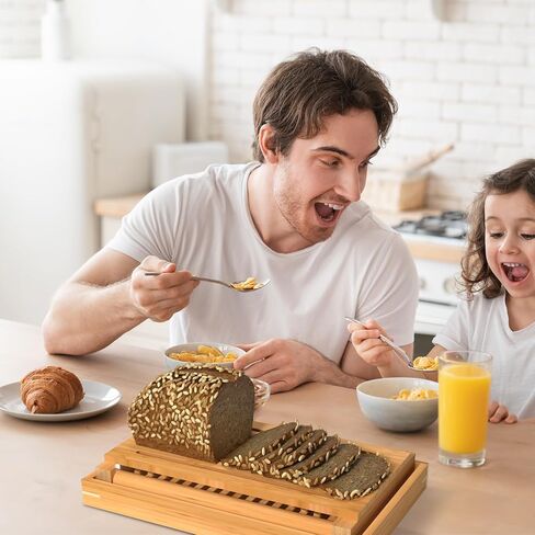 قطاعة خبز الخيزران، دليل قطع مدمج قابل للطي مع صينية فتات الخبز، دليل تقطيع الخبز قابل للتعديل بـ 3 أحجام سمك، لوح تقطيع الخبز، رائع للخبز المنزلي والكعك والخبز in Kuwait