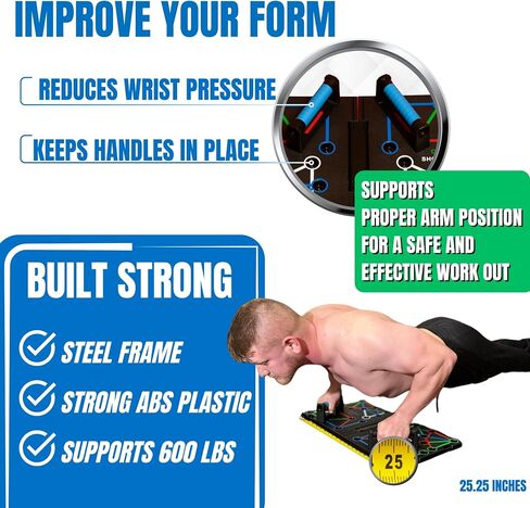 Push Up Board – Strong, ABS Plastic & Steel 20-in-1 Workout Boards w/ Secure Lock Latches, Anti-Slip Handles - Foldable, Color-Coded Strength Training Equipment - Ideal Exercise Board for Home Gym for in Saudi Arabia
