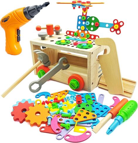 مجموعة أدوات للأطفال مع صندوق أدوات خشبي ومثقاب ألعاب إلكتروني. مجموعة أدوات للأطفال الصغار. صندوق أدوات ألعاب البناء التعليمية للأطفال in Kuwait