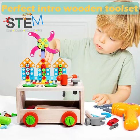 مجموعة أدوات للأطفال مع صندوق أدوات خشبي ومثقاب ألعاب إلكتروني. مجموعة أدوات للأطفال الصغار. صندوق أدوات ألعاب البناء التعليمية للأطفال in Kuwait