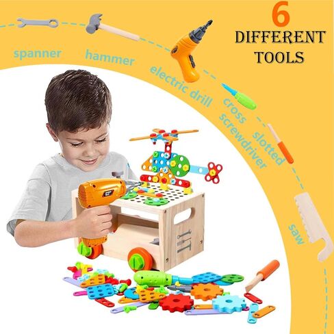 مجموعة أدوات للأطفال مع صندوق أدوات خشبي ومثقاب ألعاب إلكتروني. مجموعة أدوات للأطفال الصغار. صندوق أدوات ألعاب البناء التعليمية للأطفال in Kuwait