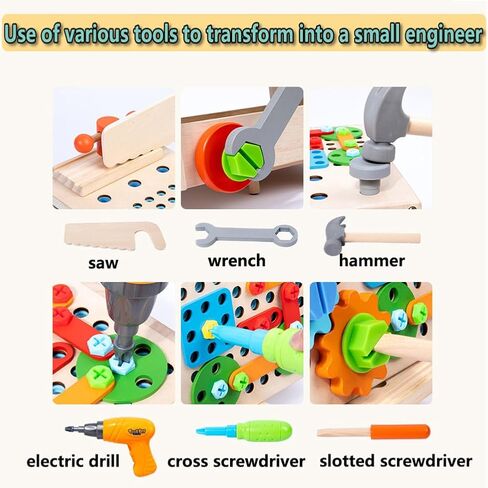 مجموعة أدوات للأطفال مع صندوق أدوات خشبي ومثقاب ألعاب إلكتروني. مجموعة أدوات للأطفال الصغار. صندوق أدوات ألعاب البناء التعليمية للأطفال in Kuwait