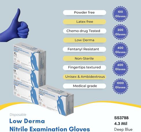 Low Derma Large Nitrile Exam Gloves, Blue, 4.7 mil, Medium Duty, Latex-Free, Powder-Free, Chemo Drug Tested, Case of 1000 in Saudi Arabia