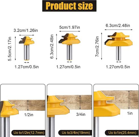 3pcs 1/2in 45 Degree Lock Miter Router Bit Setup Jig , Finger Joint Router Bits Woodworking Tools for 1/2in, 3/4in, 1in, Cutting Height Shank Router Bits for Woodworking Router Drill in Saudi Arabia