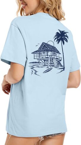Oversized Beach Shirts for Women Palm Trees Beach Graphic Tshirts Summer Hawaiian Vacation T Shirts Baggy Tops in Saudi Arabia