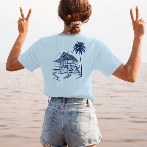 Oversized Beach Shirts for Women Palm Trees Beach Graphic Tshirts Summer Hawaiian Vacation T Shirts Baggy Tops in Saudi Arabia
