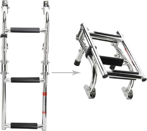 NovelBee Foldable Stainless Steel 3 Steps Ladder Stern Mount w Rubber Grips for Marine Boat Yacht (3 Steps:2+1 Steps) in Saudi Arabia