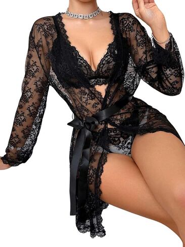Women's Floral Lace Sheer Mesh Lingerie Sets Wireless Bralettes and Thongs Set with Robes Sleepwear Set in Saudi Arabia