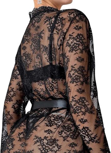 Women's Floral Lace Sheer Mesh Lingerie Sets Wireless Bralettes and Thongs Set with Robes Sleepwear Set in Saudi Arabia