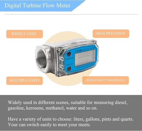 مقياس تدفق توربين رقمي 1.5 بوصة، مقياس تدفق مياه الوقود بشاشة LCD، مقياس الجريان لمياه البنزين والكيروسين الديزل، الفولاذ المقاوم للصدأ من الألومنيوم. معدل التدفق 40-280 لتر في الدقيقة (10.5-74 جرام في الدقيقة). in Kuwait