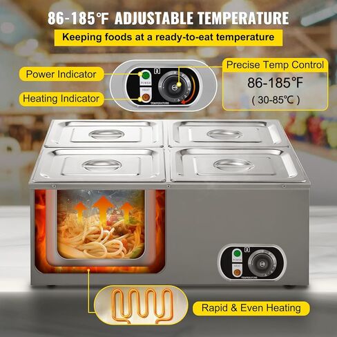 جهاز تسخين الطعام التجاري VEVOR 6x1/6GN، 6 مقلاة من الفولاذ المقاوم للصدأ Bain Marie سعة 12.6 Qt، طاولة بخار 1500 واط بعمق 15 سم/6 بوصة، درجة الحرارة. التحكم في درجة حرارة 86-185 درجة فهرنهايت، سخان الحساء الكهربائي مع أغطية ومغرفتين in Kuwait
