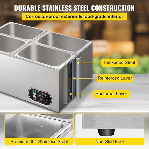 جهاز تسخين الطعام التجاري VEVOR 6x1/6GN، 6 مقلاة من الفولاذ المقاوم للصدأ Bain Marie سعة 12.6 Qt، طاولة بخار 1500 واط بعمق 15 سم/6 بوصة، درجة الحرارة. التحكم في درجة حرارة 86-185 درجة فهرنهايت، سخان الحساء الكهربائي مع أغطية ومغرفتين in Kuwait