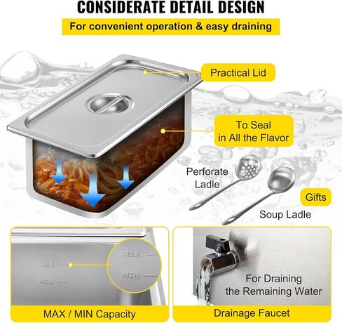 جهاز تسخين الطعام التجاري VEVOR 6x1/6GN، 6 مقلاة من الفولاذ المقاوم للصدأ Bain Marie سعة 12.6 Qt، طاولة بخار 1500 واط بعمق 15 سم/6 بوصة، درجة الحرارة. التحكم في درجة حرارة 86-185 درجة فهرنهايت، سخان الحساء الكهربائي مع أغطية ومغرفتين in Kuwait