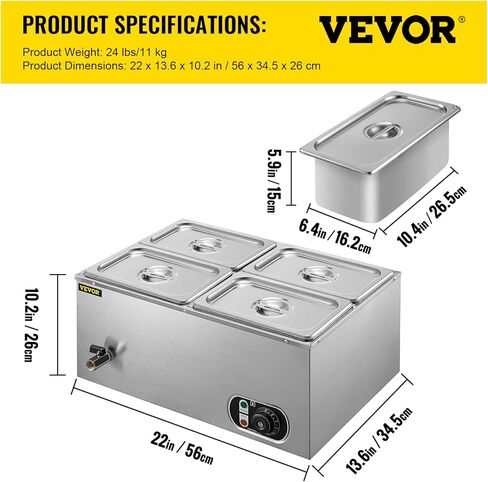 جهاز تسخين الطعام التجاري VEVOR 6x1/6GN، 6 مقلاة من الفولاذ المقاوم للصدأ Bain Marie سعة 12.6 Qt، طاولة بخار 1500 واط بعمق 15 سم/6 بوصة، درجة الحرارة. التحكم في درجة حرارة 86-185 درجة فهرنهايت، سخان الحساء الكهربائي مع أغطية ومغرفتين in Kuwait