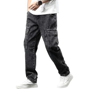 بنطال جينز رجالي واسع الأرجل غير قابل للتمدد وفضفاض بقصة الهيب هوب مع جيوب متعددة in Kuwait