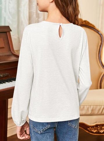 Girls Cute Shirts Lace Embroidered Long Sleeve Tops 2025 Fall Fashion Knit Crewneck Blouses 6-13 Years in Kuwait