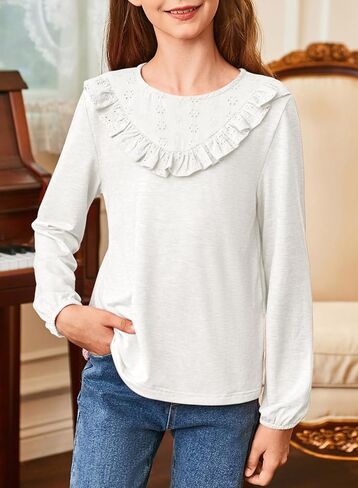 Girls Cute Shirts Lace Embroidered Long Sleeve Tops 2025 Fall Fashion Knit Crewneck Blouses 6-13 Years in Kuwait