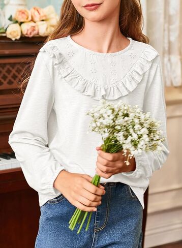 Girls Cute Shirts Lace Embroidered Long Sleeve Tops 2025 Fall Fashion Knit Crewneck Blouses 6-13 Years in Kuwait