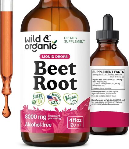 Wild & Organic Beet Root Extract Drops - 8000 mg Fresh Beetroot Extract Equivalent - Extract 20:1 - Liquid Red Beets Supplements - 400 mg per Serving - Vegan, Alcohol & Sugar-Free - 4 fl oz in Saudi Arabia