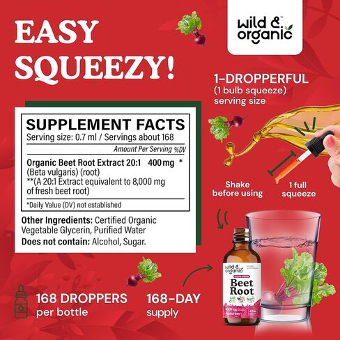 Wild & Organic Beet Root Extract Drops - 8000 mg Fresh Beetroot Extract Equivalent - Extract 20:1 - Liquid Red Beets Supplements - 400 mg per Serving - Vegan, Alcohol & Sugar-Free - 4 fl oz in Saudi Arabia