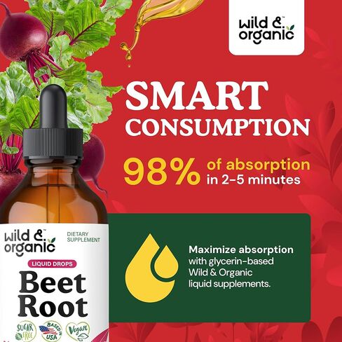 Wild & Organic Beet Root Extract Drops - 8000 mg Fresh Beetroot Extract Equivalent - Extract 20:1 - Liquid Red Beets Supplements - 400 mg per Serving - Vegan, Alcohol & Sugar-Free - 4 fl oz in Saudi Arabia