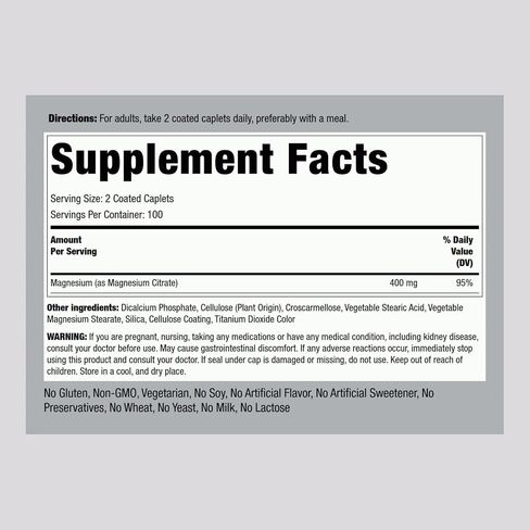 Piping Rock Magnesium Citrate | 400 mg | 200 Caplets | Vegetarian, Non-GMO, Gluten Free Supplement in Saudi Arabia