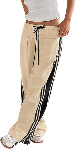 Women Wide Leg Track Pants Side Striped Baggy Sweatpants Drawstring Elastic High Waist Slouchy Y2K Pants with Pockets in Kuwait