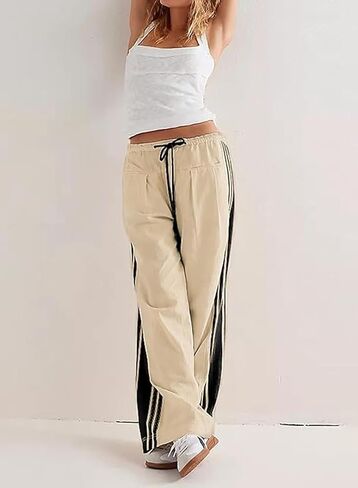 Women Wide Leg Track Pants Side Striped Baggy Sweatpants Drawstring Elastic High Waist Slouchy Y2K Pants with Pockets in Kuwait
