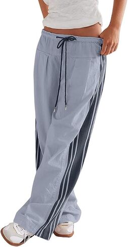 Women Wide Leg Track Pants Side Striped Baggy Sweatpants Drawstring Elastic High Waist Slouchy Y2K Pants with Pockets in Kuwait