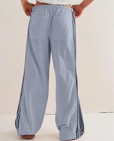 Women Wide Leg Track Pants Side Striped Baggy Sweatpants Drawstring Elastic High Waist Slouchy Y2K Pants with Pockets in Kuwait