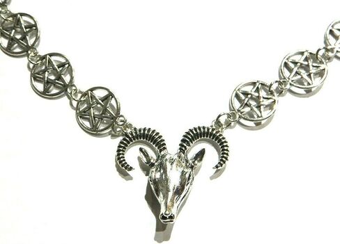 Silvertone Baphomet رأس الماعز والخماسي سلسلة ربط معدنية المختنق قلادة غامض in Saudi Arabia