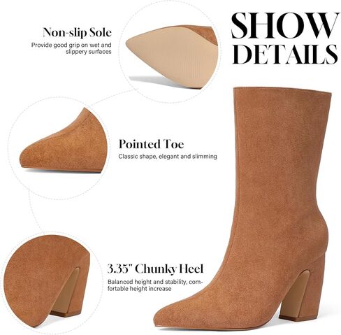 CYNLLIO حذاء كاحل للنساء من جلد الغزال البني بمقدمة مدببة حذاء شتوي واسع الساق مقاس 3.35 بوصة بكعب مكتنز بوتاس دي موجر أنيق in Kuwait