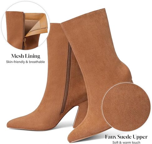 CYNLLIO حذاء كاحل للنساء من جلد الغزال البني بمقدمة مدببة حذاء شتوي واسع الساق مقاس 3.35 بوصة بكعب مكتنز بوتاس دي موجر أنيق in Kuwait