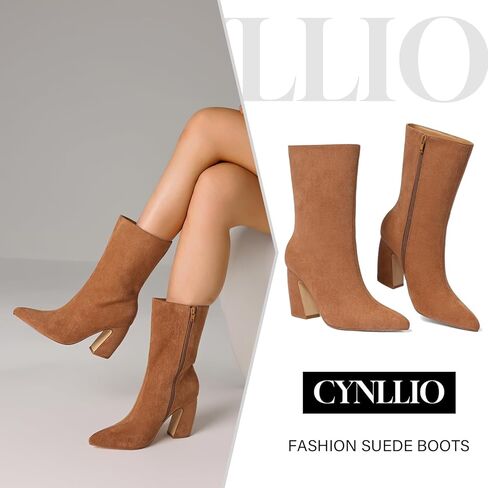 CYNLLIO حذاء كاحل للنساء من جلد الغزال البني بمقدمة مدببة حذاء شتوي واسع الساق مقاس 3.35 بوصة بكعب مكتنز بوتاس دي موجر أنيق in Kuwait