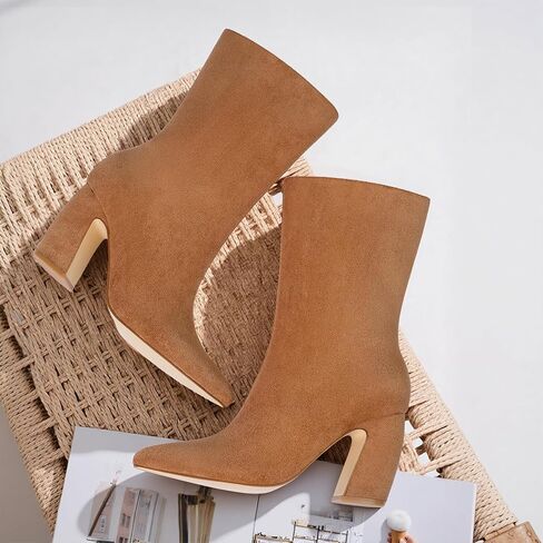 CYNLLIO حذاء كاحل للنساء من جلد الغزال البني بمقدمة مدببة حذاء شتوي واسع الساق مقاس 3.35 بوصة بكعب مكتنز بوتاس دي موجر أنيق in Kuwait