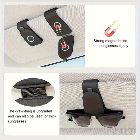 Car Visor Sunglasses Holders with Magnetic Clip, 2 Pack PU Leather Glasses Mount and Ticket Card Clip, Securely Holds Eyewear and Notes for Car Interior Organization, Black in Saudi Arabia