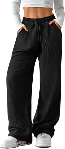 Corduroy Pants for Women Casual Drawstring High Elastic Waist Wide Leg Barrel Loose Comfy Trousers with Pockets in Saudi Arabia