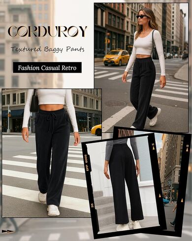 Corduroy Pants for Women Casual Drawstring High Elastic Waist Wide Leg Barrel Loose Comfy Trousers with Pockets in Saudi Arabia