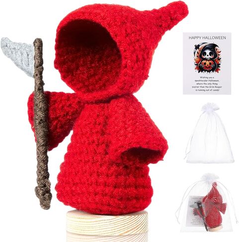 هدايا دمية كروشيه شبح مصنوعة يدويًا من Yalikop Crochet Grim Reaper مع بطاقة إيجابية ملهمة، ديكورات حفلات الهالوين المحبوكة للرجال والنساء (أسود) in Kuwait