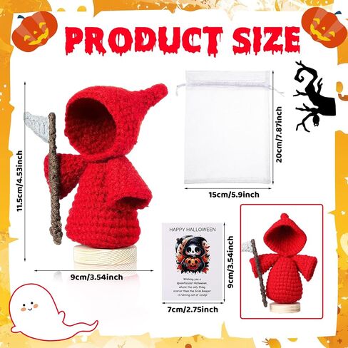 هدايا دمية كروشيه شبح مصنوعة يدويًا من Yalikop Crochet Grim Reaper مع بطاقة إيجابية ملهمة، ديكورات حفلات الهالوين المحبوكة للرجال والنساء (أسود) in Kuwait