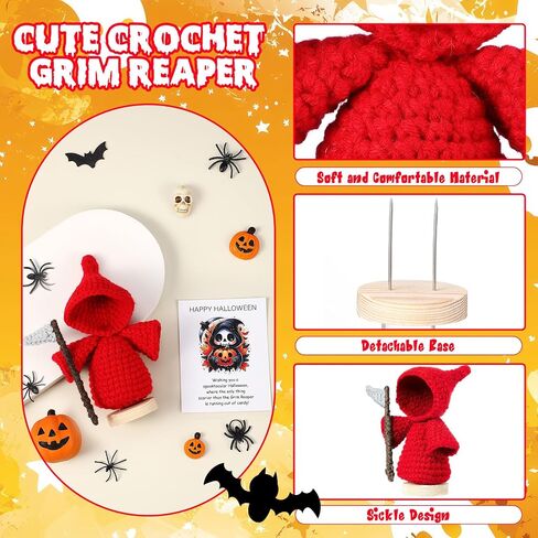 هدايا دمية كروشيه شبح مصنوعة يدويًا من Yalikop Crochet Grim Reaper مع بطاقة إيجابية ملهمة، ديكورات حفلات الهالوين المحبوكة للرجال والنساء (أسود) in Kuwait