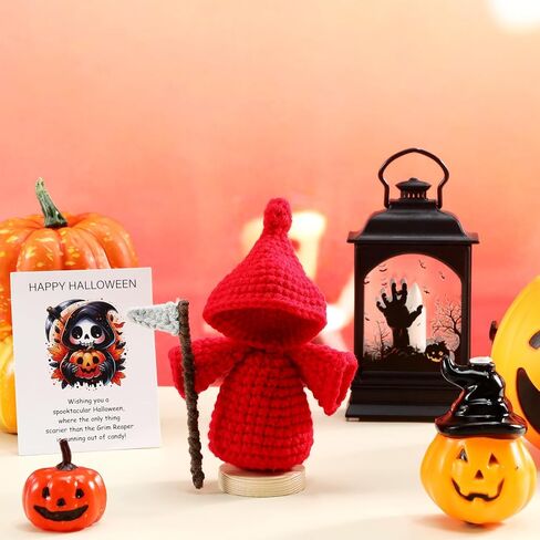 هدايا دمية كروشيه شبح مصنوعة يدويًا من Yalikop Crochet Grim Reaper مع بطاقة إيجابية ملهمة، ديكورات حفلات الهالوين المحبوكة للرجال والنساء (أسود) in Kuwait