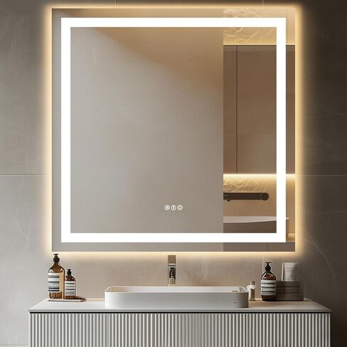 مرآة حمام LED مقاس 36 بوصة × 36 بوصة مع مرايا حائط بإضاءة خلفية وقابلة للتعتيم بدون خطوات مع مرآة رقمية للحمام مضادة للضباب للجدار، 3 أوضاع ألوان، مرآة ذكية بوظيفة الذاكرة in Kuwait