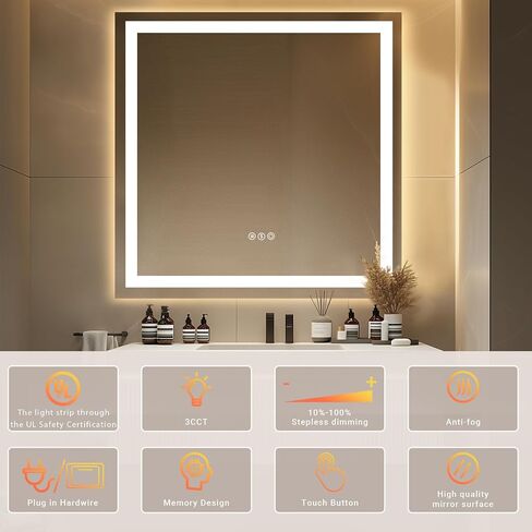 مرآة حمام LED مقاس 36 بوصة × 36 بوصة مع مرايا حائط بإضاءة خلفية وقابلة للتعتيم بدون خطوات مع مرآة رقمية للحمام مضادة للضباب للجدار، 3 أوضاع ألوان، مرآة ذكية بوظيفة الذاكرة in Kuwait