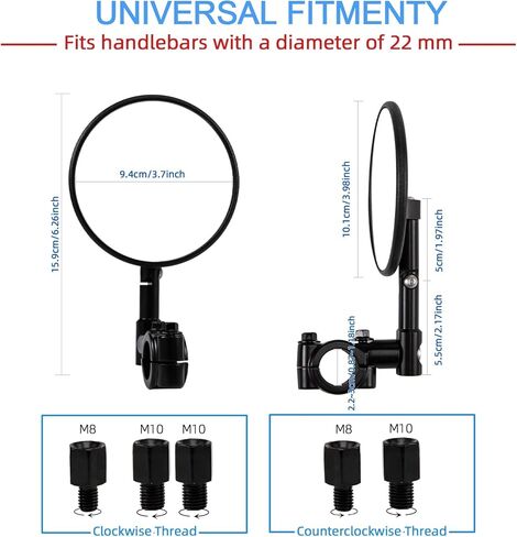مرايا الدراجات النارية عالمية، مرايا جانبية للدراجة النارية، معتمدة من E24، قابلة للدوران 360 درجة، تناسب أقطار المقود من 22 مم و25.4 مم، تناسب معظم الدراجات النارية والدراجات الهوائية وATV (النمط أ) in Kuwait